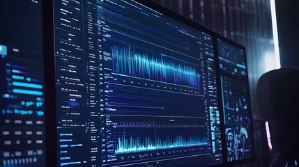 Close-up of a large monitor displaying complex data visualizations and code, showcasing intricate waveforms and digital information in shades of blue and purple.