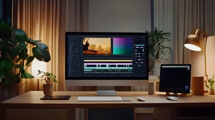A cozy home office at night, featuring a desktop computer displaying video editing software.  Plants and a desk lamp add to the ambiance.  Perfect for productivity and creativity.