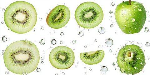 Fototapeta premium Fresh kiwi and apple slices with water droplets