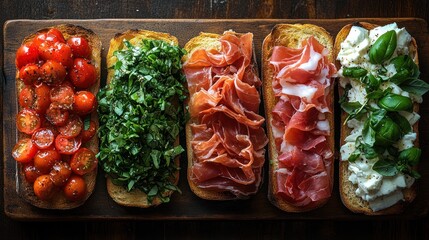 Five open sandwiches on a wooden board with various toppings.