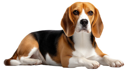 Resting Beagle: A charming beagle dog poses serenely, its tricolor coat contrasting against the background, showcasing its endearing features and calm demeanor.