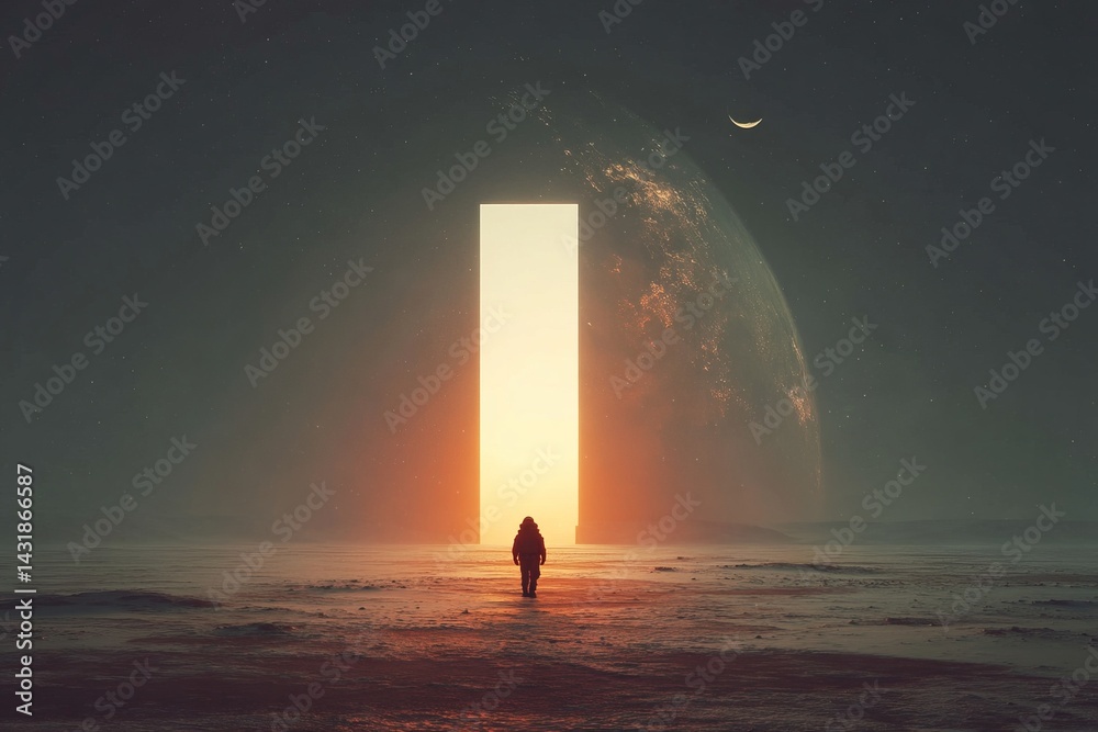 Wall mural a man is walking through a large, open space with a planet in the background. astronaut concept.