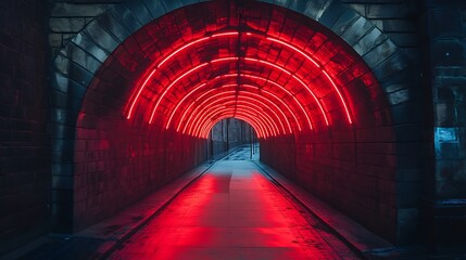 Futuristic tunnel with bright red lights in the city. The concept of the future.