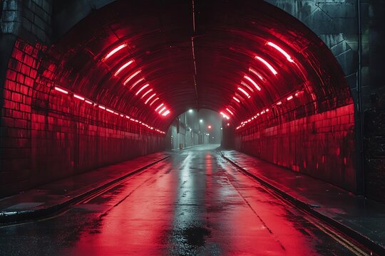 Futuristic tunnel with bright red lights in the city. The concept of the future. - Powered by Adobe