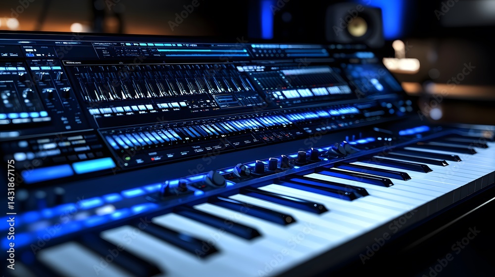 Poster close-up of a sleek, modern synthesizer keyboard with illuminated controls and a digital display.