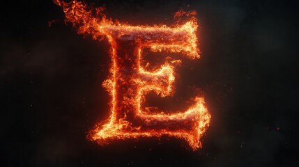 Fiery letter E, dark background, abstract design, graphic design element