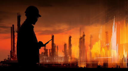 Silhouette of an engineer holding a tablet against the backdrop of an orange-lit refinery, overlaid with data graphs, symbolizing industrial process monitoring, control, and technological advancement 