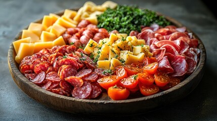 Charcuterie board with cheese meat vegetables and fruit on a wooden platter.