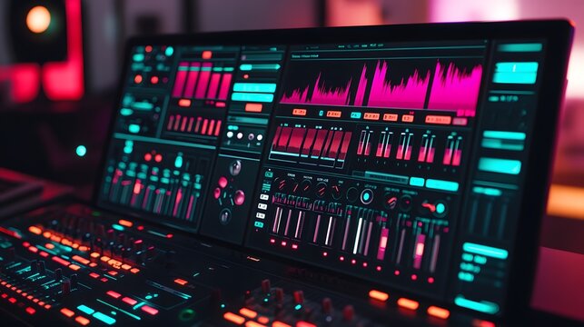 Close-up of a vibrant digital audio workstation (DAW) interface on a laptop, displaying colorful waveforms and various mixing controls.