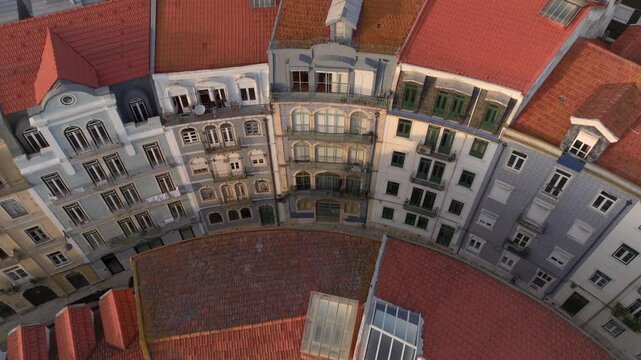 Curvy Street in Lisbon with Azulejo Fascades. Aerial Shot of Traditional Portuguese Houses decorated with Ceramic Tiles