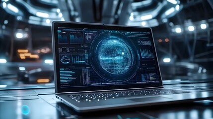 A futuristic laptop displays a holographic globe and data analytics interface. The screen shows various charts and graphs, suggesting advanced technology and data processing.