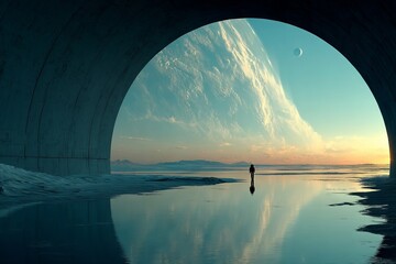 A man stands in front of a large body of water, with a large moon in the sky. astronaut concept.