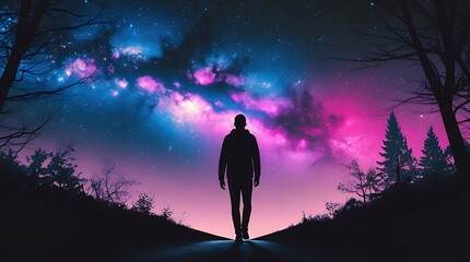Fototapeta premium Silhouette of man walking in forest under vibrant galaxy sky with pink, blue, purple nebula—serene scene.