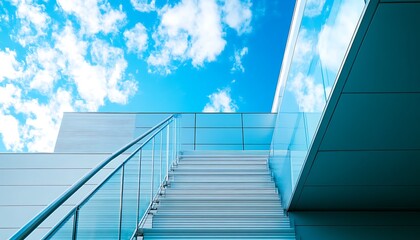 Staircase of a modern office building with blue sky background.