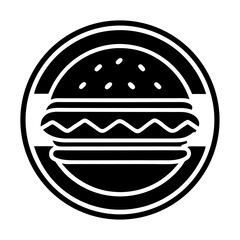 A vector illustration of a cartoon cheeseburger icon on a round button, perfect for fast food signs or menus