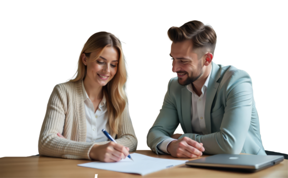 Couple Writing On Paper isolated on transparent background, PNG  