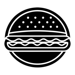 An illustrative cartoon drawing of a round cheeseburger on a bun with meat and cheese, a symbol of fast food snack art