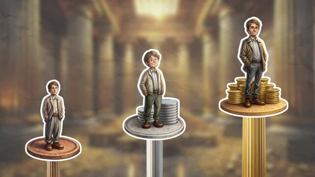 Men with different incomes stand on bronze, silver and gold pedestals. Concept of financial inequality. Empty space for text. Smooth animation on color paper background