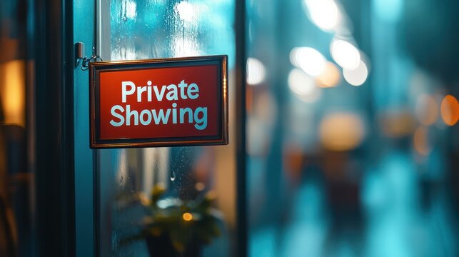 Private showing sign, city night, blurred background, event announcement