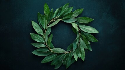 Fresh green leaves wreath on dark background