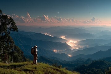 Fototapeta premium A man in a spacesuit stands on a hill overlooking a city. astronaut concept.