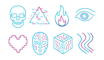 Obraz premium Neon cyberpunk icons set - futuristic collection featuring skulls, flames, and more. Vector icons