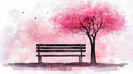 Pink cherry blossom tree and park bench in a watercolor style.