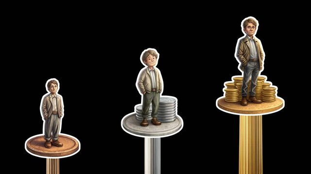 Men with different incomes stand on bronze, silver and gold pedestals. Concept of financial inequality. Empty space for text. Smooth animation on transparent background