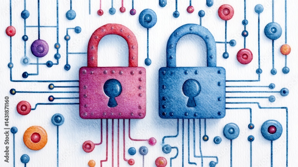 Poster secure network protection - two padlocks connected by circuitry, symbolizing secure data and network