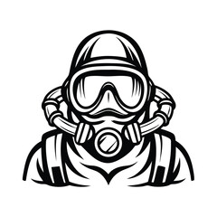 Black & White Man in Full Protective Hazmat Suit with Oxygen Mask Isolated Portrait
