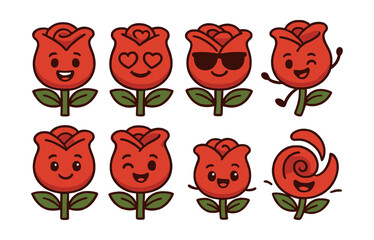 Charming cartoon rose icon set: expressive floral faces in playful design. Vector icons