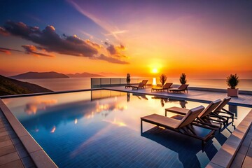 Obraz premium Silhouette of Sunbeds by Grecian Pool at Sunset - 3D Render