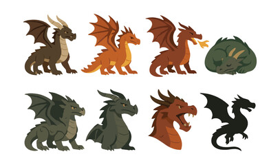 Naklejka premium Western dragons icon set: collection of mythical creatures. Vector icons