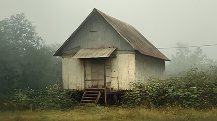 Obraz premium Foggy rural house in misty field