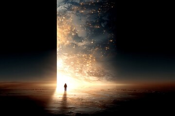 Fototapeta premium A man stands in front of a large, glowing, glowing, glowing, glowing, glowing. astronaut concept.