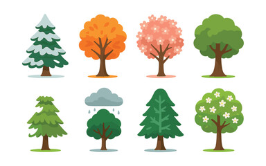 Seasonal tree icons set for nature projects - flat style collection. Vector icons