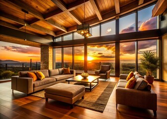 Naklejka premium Silhouette Photography: Modern Rustic Living Room with Wooden Beams