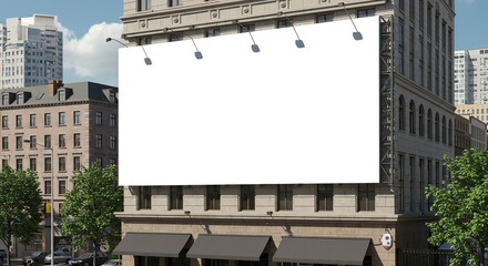 Obraz premium Blank Billboard on Building Advertises in Urban Cityscape Setting