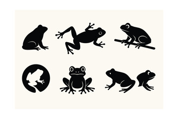 Naklejka premium Frog silhouette icons set: minimalist collection of frogs in various poses. Vector icons
