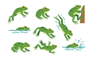 Fototapeta premium Playful frogs icons set: amphibian action theme in flat design. Vector icons