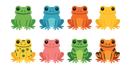 Vibrant frog icons set: colorful amphibians for creative designs in flat style. Vector icons