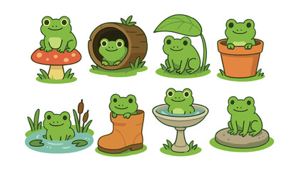 Fototapeta premium Charming frog habitats icon set: playful designs for nature-themed projects. Vector icons