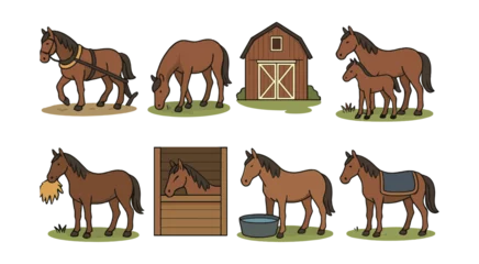 Gordijnen Farm horses icons set: barn, grazing, horses, stable – flat style collection for agriculture themes. Vector icons © peppastocker