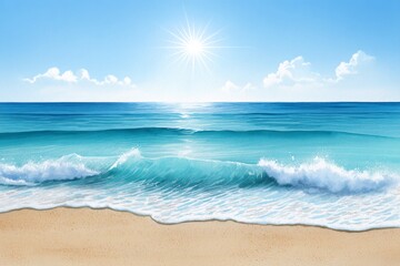 Serene Ocean Beach Scene - Tranquil beach scene with gentle waves rolling onto a sandy shore under a bright sun and blue sky. Perfect for summer vacation themes