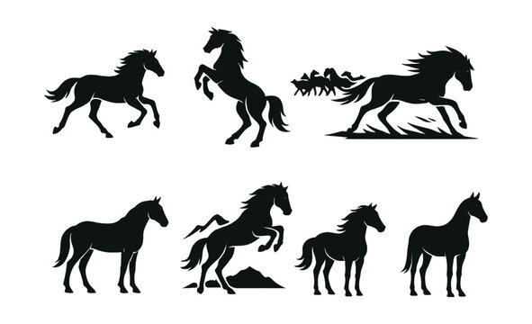 Elegant icons set of wild mustangs in motion - minimalist horse silhouettes. Vector icons