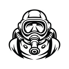 Black and White Mascot of a Person Wearing a Gas Mask with Thick Outline Style