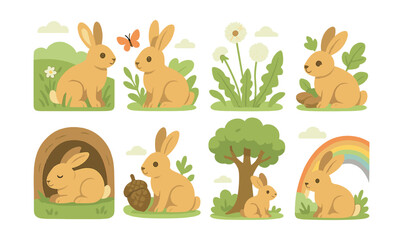 Naklejka premium Charming bunny and nature icons set – flat style: rabbits, trees, dandelions, rainbows. Vector icons