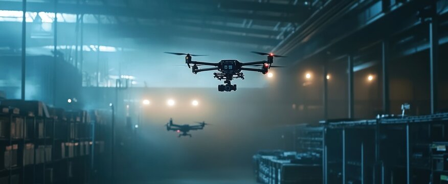 Two drones flying over a warehouse interior