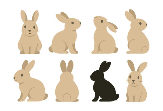 Cute bunny icon set: adorable rabbit silhouettes in flat style for design projects. Vector icons