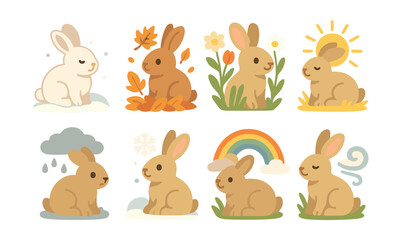 Fototapeta premium Charming seasonal bunny icons set: captivating designs for every season. Vector icons